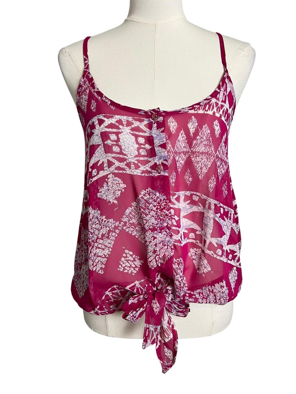 Aqua Tank Top Womens Small Pink Geometric Sheer Chiffon Button Tie Front